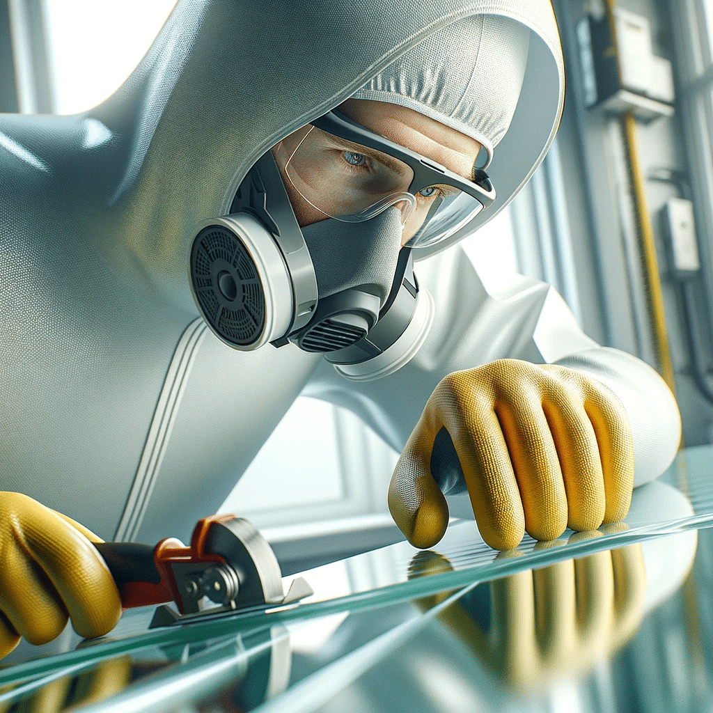 Precauciones de seguridad durante el manejo e instalación de Glasliner, mostrando el uso de equipo de protección personal | Acrilfrasa