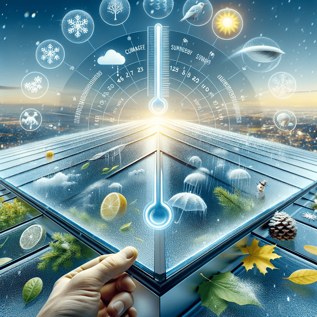 Techo de cristal templado adaptándose a diferentes condiciones climáticas con indicador de temperatura visible. | Acrilfrasa