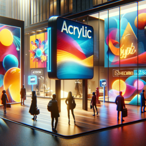Imagen realista mostrando el uso del acrílico en la industria publicitaria, destacando su impacto visual en señalizaciones y publicidad | Acrilfrasa
