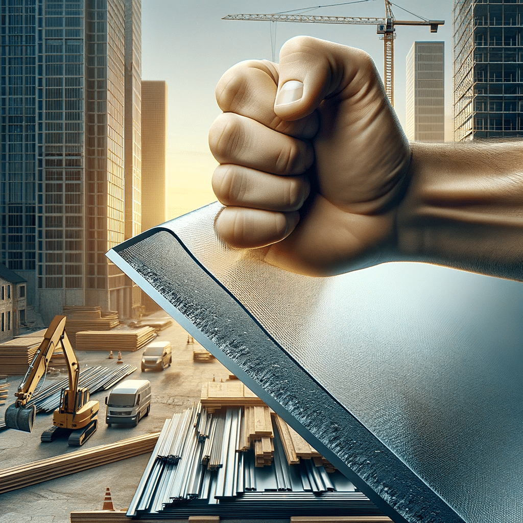Primer plano de un panel de acrílico demostrando flexibilidad y resistencia en un sitio de construcción, resaltando la durabilidad y la resiliencia del material  | Acrilfrasa