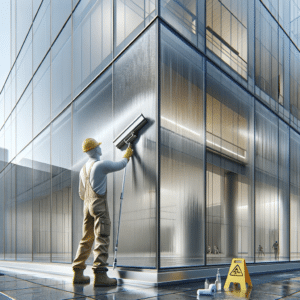 Trabajador equipado con equipo de seguridad limpiando un panel de policarbonato en el exterior de un edificio moderno, demostrando la durabilidad y facilidad de mantenimiento del material en un contexto arquitectónico contemporáneo | Acrilfrasa