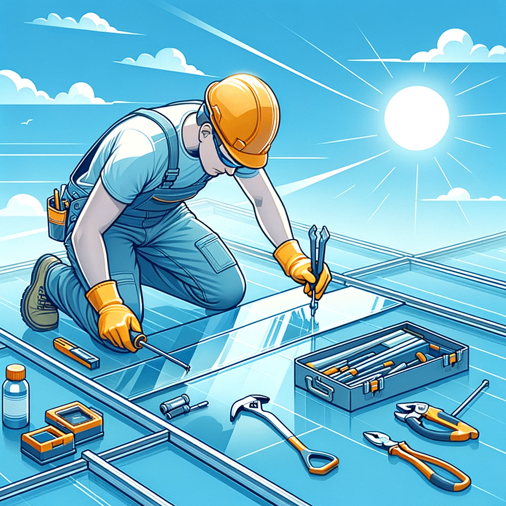 Persona realizando mantenimiento en techo de cristal templado con herramientas específicas. | Acrilfrasa