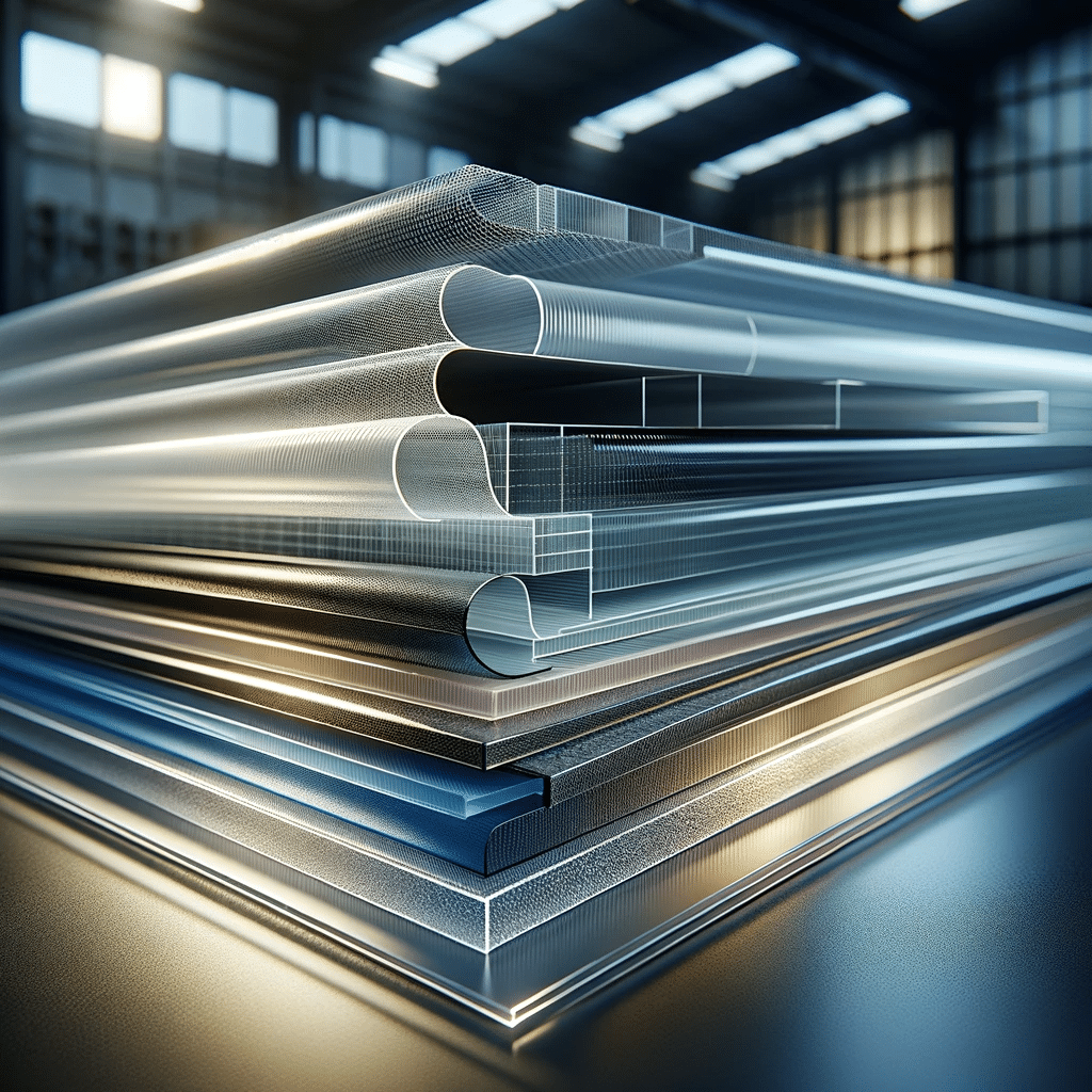 Diversos tipos de láminas de policarbonato en colores y texturas variados, mostrados en un entorno de almacén, destacando su transparencia, flexibilidad y durabilidad | Acrilfrasa