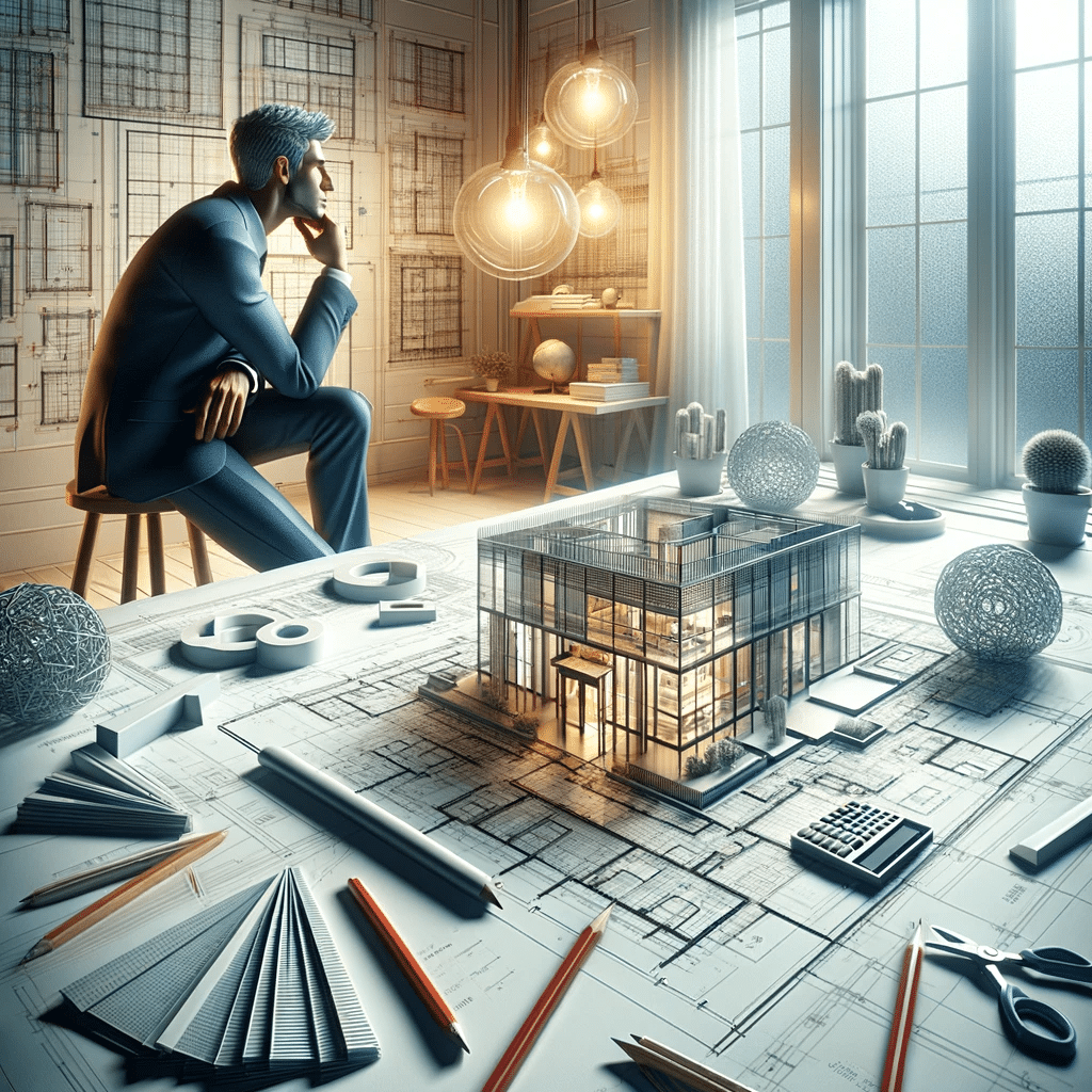 Arquitecto evaluando el uso de policarbonato en diseño arquitectónico con herramientas y muestras | Acrilfrasa