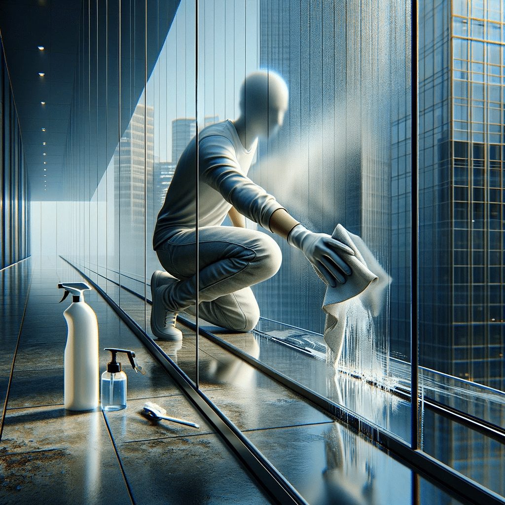 Persona limpiando la superficie de un panel Glasliner en un entorno comercial o residencial, utilizando herramientas de limpieza simples, destacando la naturaleza fácil de limpiar y duradera del panel. | Acrilfrasa