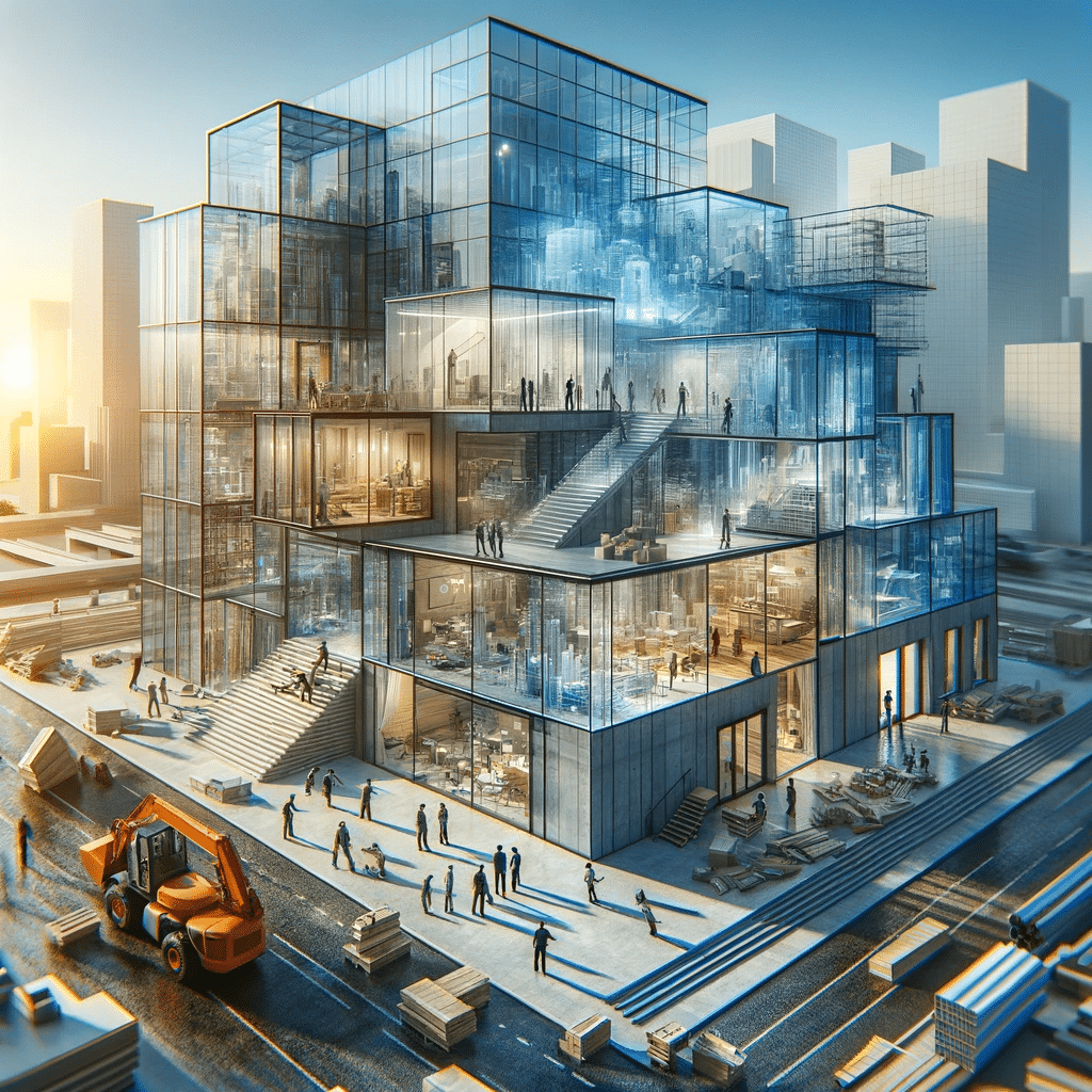 Escena de construcción mostrando diversas aplicaciones del acrílico en ventanas, tragaluces y elementos arquitectónicos | Acrilfrasa