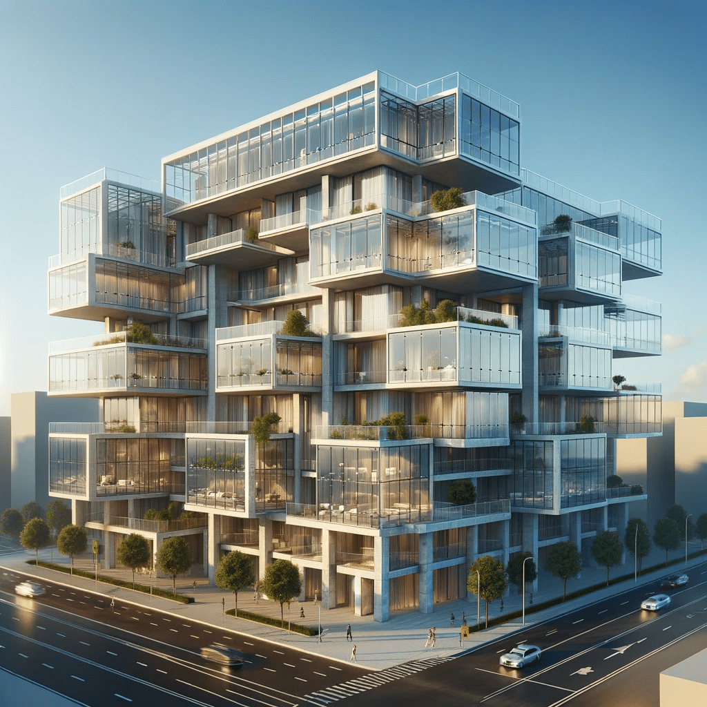 Edificio moderno terminado con elementos prominentes de acrílico, mostrando la integración exitosa y la influencia estética y funcional del acrílico en la construcción | Acrilfrasa