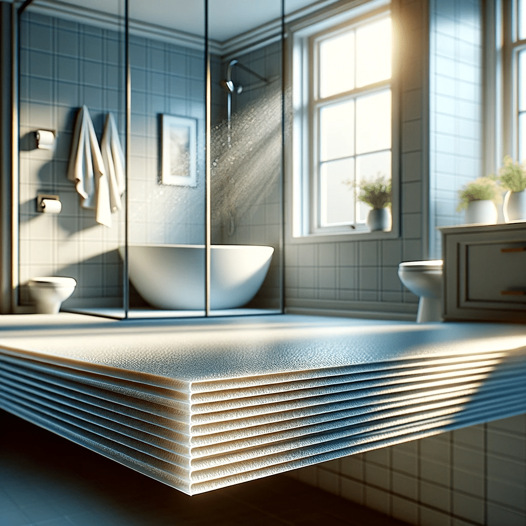 Paneles Glasliner en una cocina o baño, destacando su resistencia al agua y manchas, durabilidad y facilidad de limpieza, con enfoque en la textura de la superficie. | Acrilfrasa