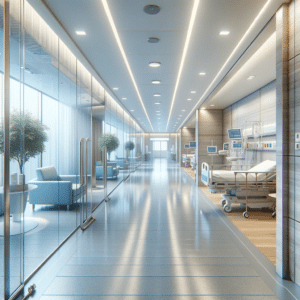Interior de hospital con paredes o techos de Glasliner, creando un ambiente limpio, higiénico y profesional, adecuado para entornos de salud. | Acrilfrasa