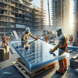 Trabajadores en un sitio de construcción manejando paneles de acrílico con equipo de seguridad en un entorno urbano | Acrilfrasa