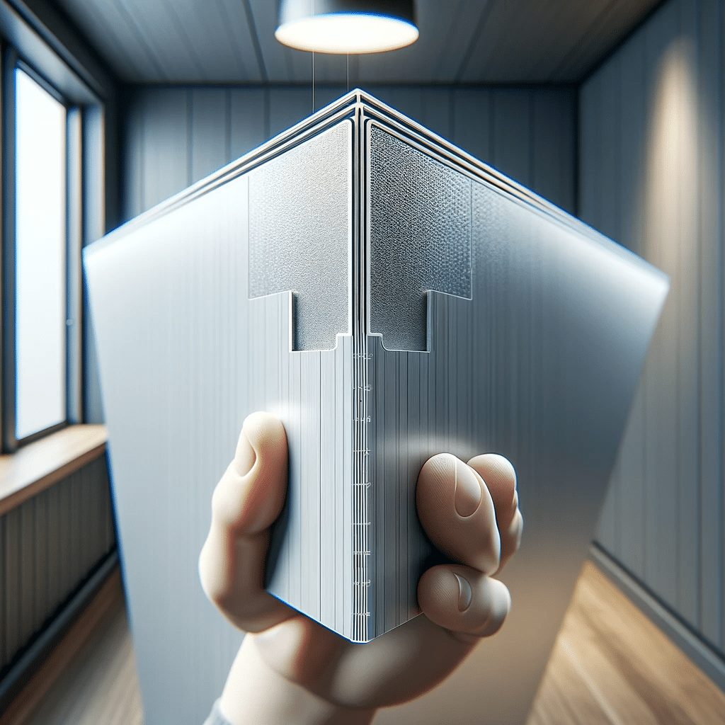 Vista cercana de paneles Glasliner en un entorno interior, resaltando la superficie elegante y lisa y parte del proceso de instalación en una pared o techo. | Design & Cutting