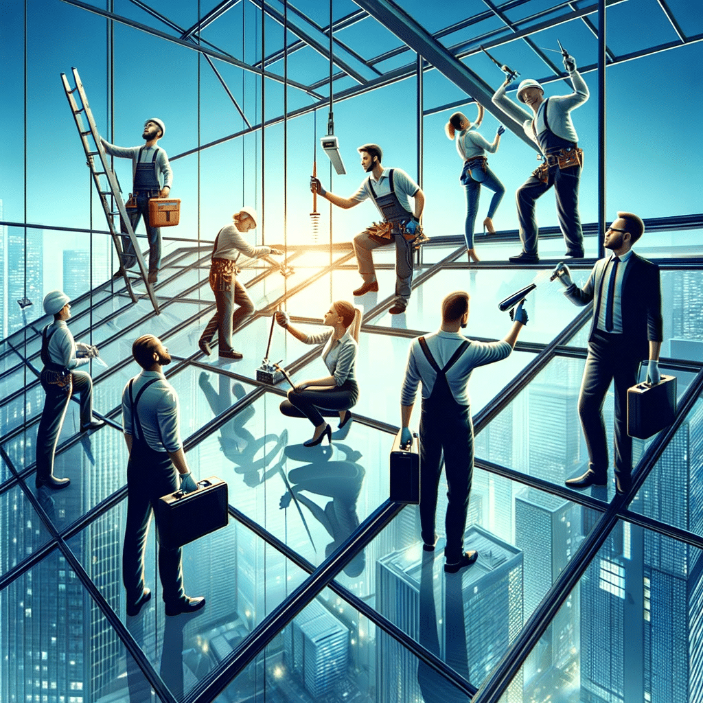 Equipo profesional realizando mantenimiento en techado de cristal, enfatizando profesionalismo y experiencia. | Acrilfrasa