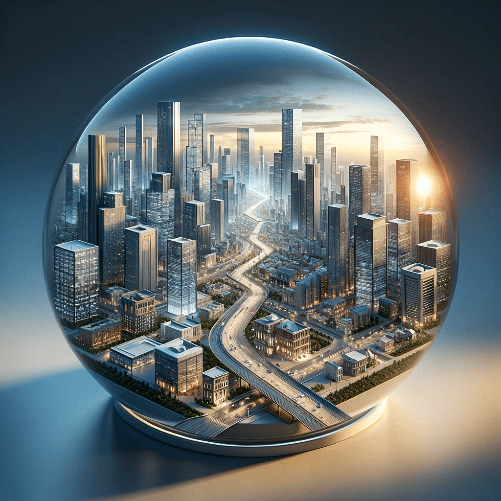 Imagen realista que encapsula la esencia de las conclusiones del ensayo sobre el acrílico en la arquitectura, mostrando un paisaje urbano moderno con varios edificios | Acrilfrasa