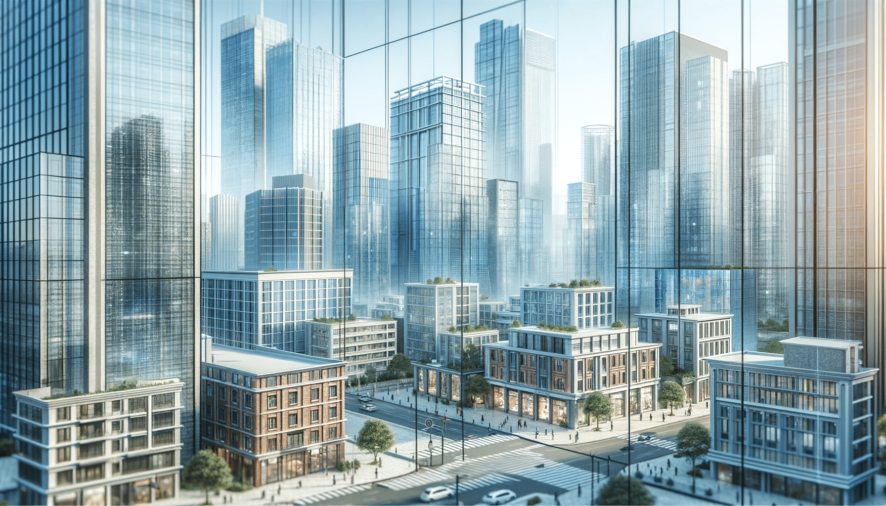 Escena urbana con edificios usando vidrio templado | Acrilfrasa