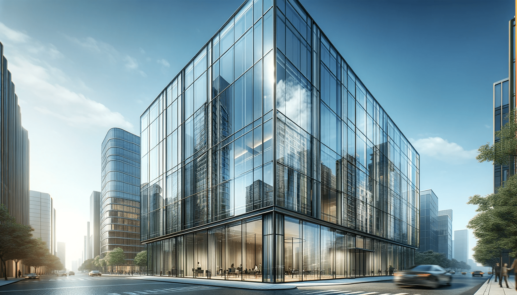 Fachada moderna con vidrio templado en edificio urbano | Acrilfrasa