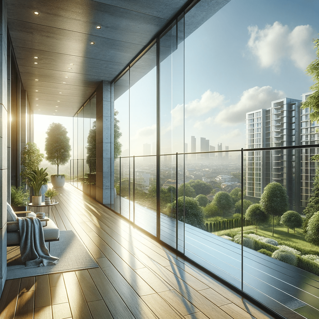 Balcón elegante con vidrio , vista serena. | Acrilfrasa
